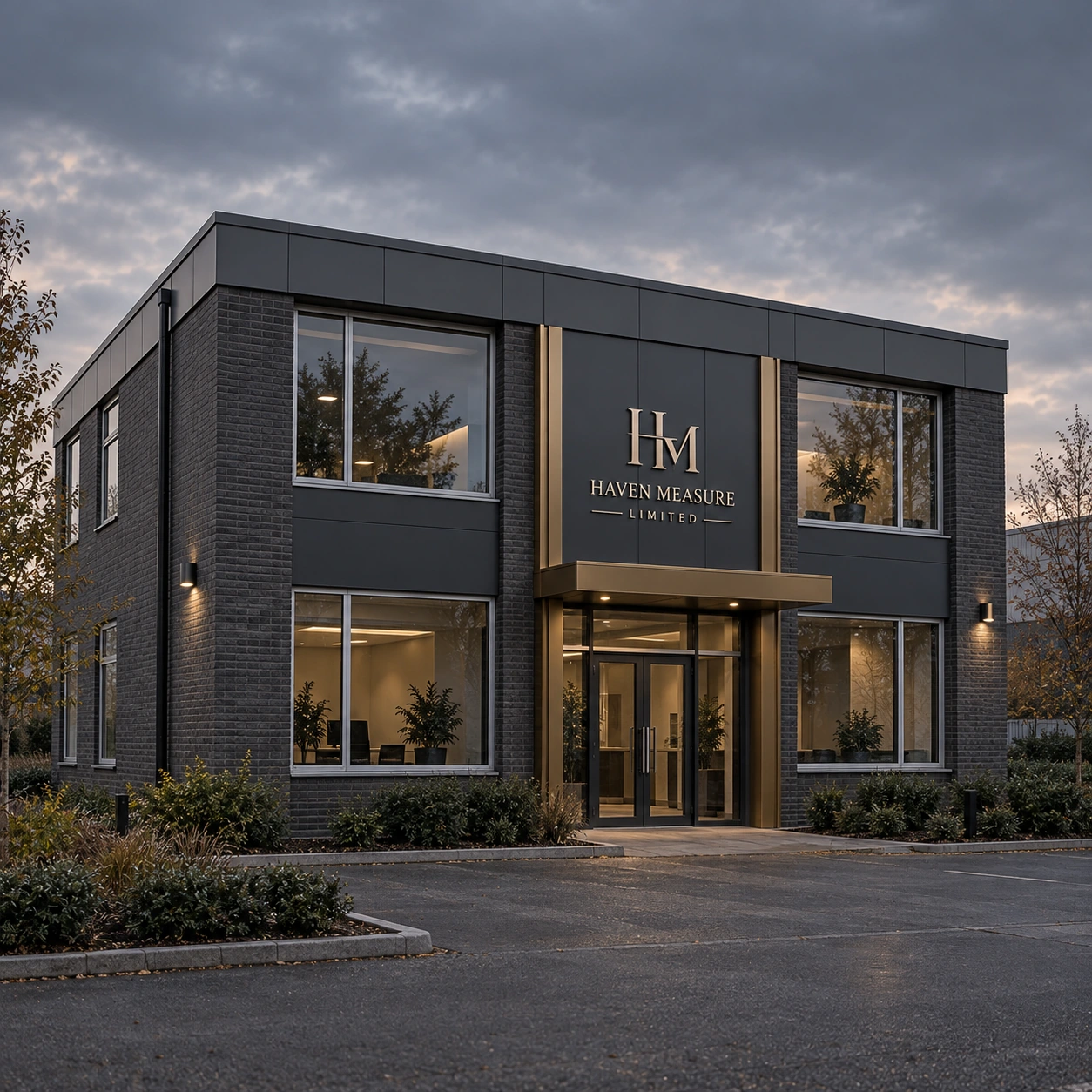 Illustrative two-storey office building with charcoal brick, understated bronze details and Haven Measure Limited’s HM signage.